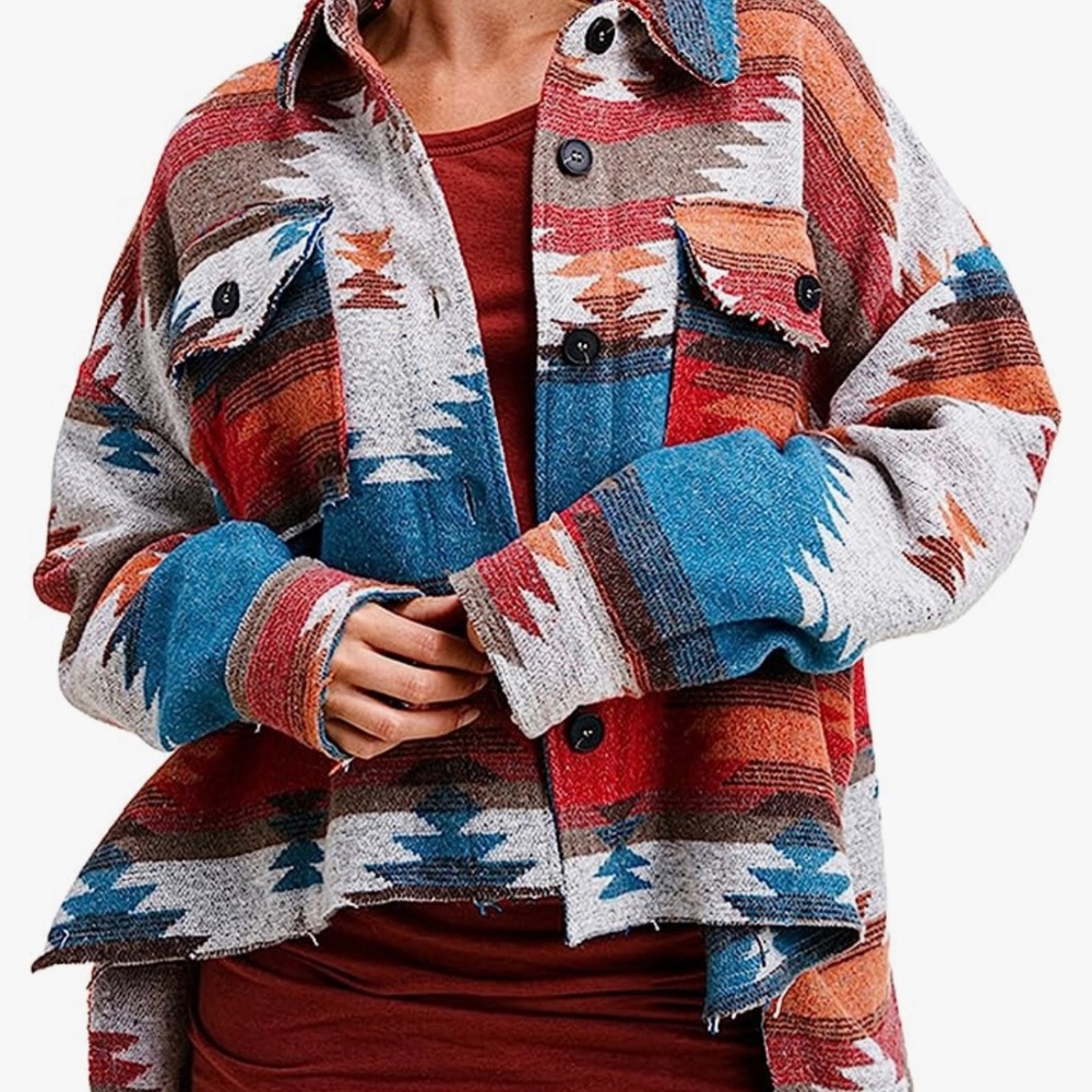 Springrain Womens Aztec Print Shacket Lapel Long Sleeve Button Down Shirt Jacket